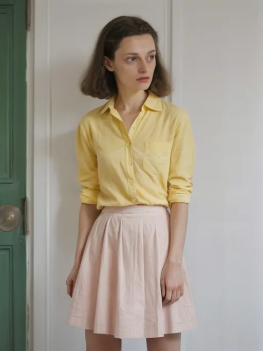 Prompt: a woman in a short skirt and a yellow shirt standing in a room with a door and a white wall, Evaline Ness, orphism, pastel colors, a pastel