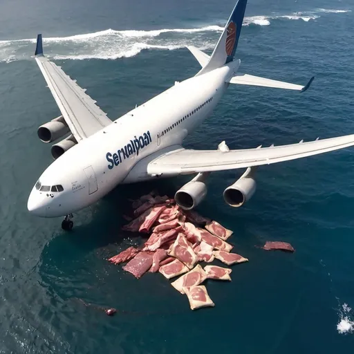 Prompt: a cargo airplane loaded with packaged meat crashes and the stuff end inside the ocean