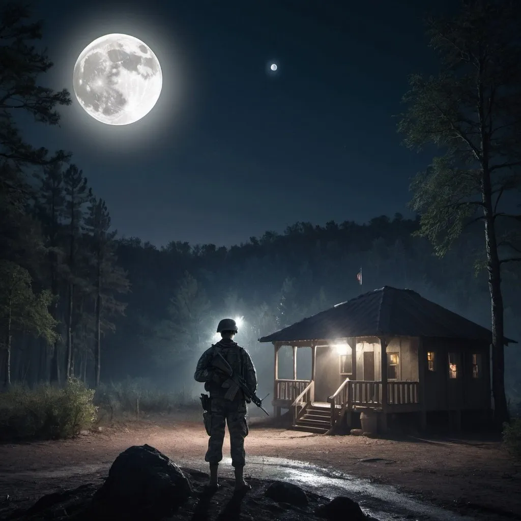 Prompt: a soldier guarding a border outpost at night while the moon shines on the near woods