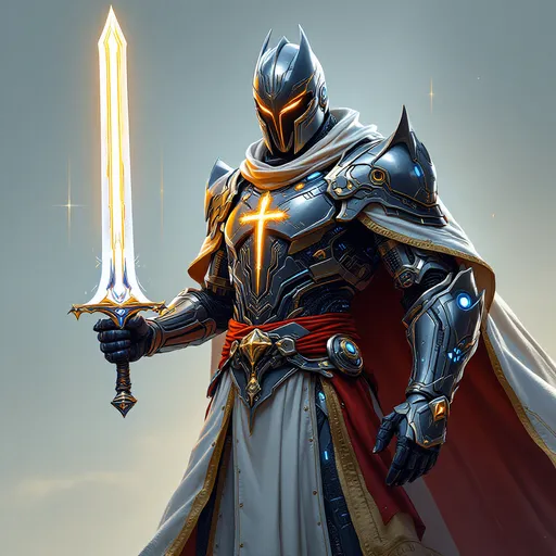 Prompt: crusador from the future as moder warior with coat and hat, with cristianity magic aura