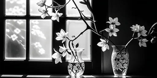 Prompt: black and white flowers on a vine, (intricate details), spreading across a window, beautiful window glare, (soft diffused lighting), daytime ambiance, delicate petals contrasting against glass, serene atmosphere, elegant composition, high quality, (4K), artistic interpretation of nature’s beauty, sunlight streaming through, a touch of elegance and tranquility.