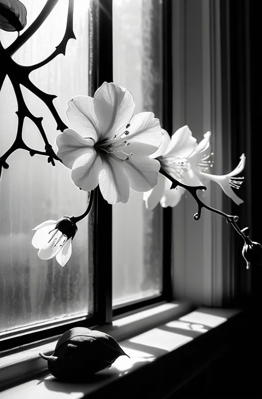 Prompt: black and white flowers on a vine, (intricate details), spreading across a window, beautiful window glare, (soft diffused lighting), daytime ambiance, delicate petals contrasting against glass, serene atmosphere, elegant composition, high quality, (4K), artistic interpretation of nature’s beauty, sunlight streaming through, a touch of elegance and tranquility.