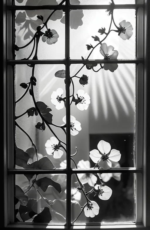 Prompt: black and white flowers on a vine, (intricate details), spreading across a window, beautiful window glare, (soft diffused lighting), daytime ambiance, delicate petals contrasting against glass, serene atmosphere, elegant composition, high quality, (4K), artistic interpretation of nature’s beauty, sunlight streaming through, a touch of elegance and tranquility.