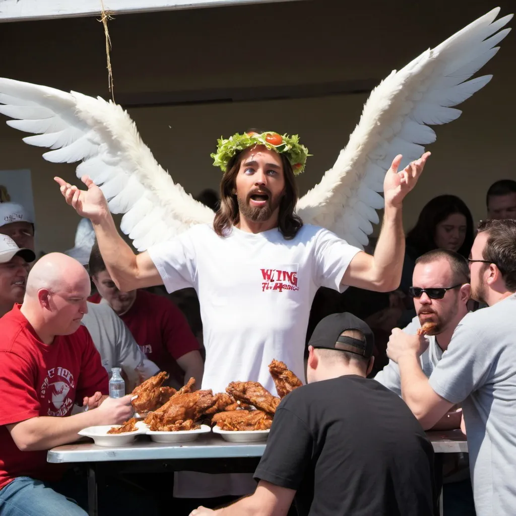 Prompt: Jesus in a wing-eating contest