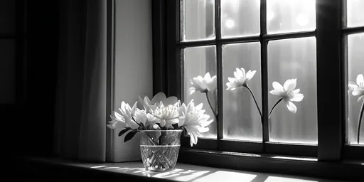 Prompt: black and white flowers, (intricate details), spreading across a window, beautiful window glare, (soft diffused lighting), daytime ambiance, delicate petals contrasting against glass, serene atmosphere, elegant composition, high quality, (4K), artistic interpretation of nature’s beauty, sunlight streaming through, a touch of elegance and tranquility.