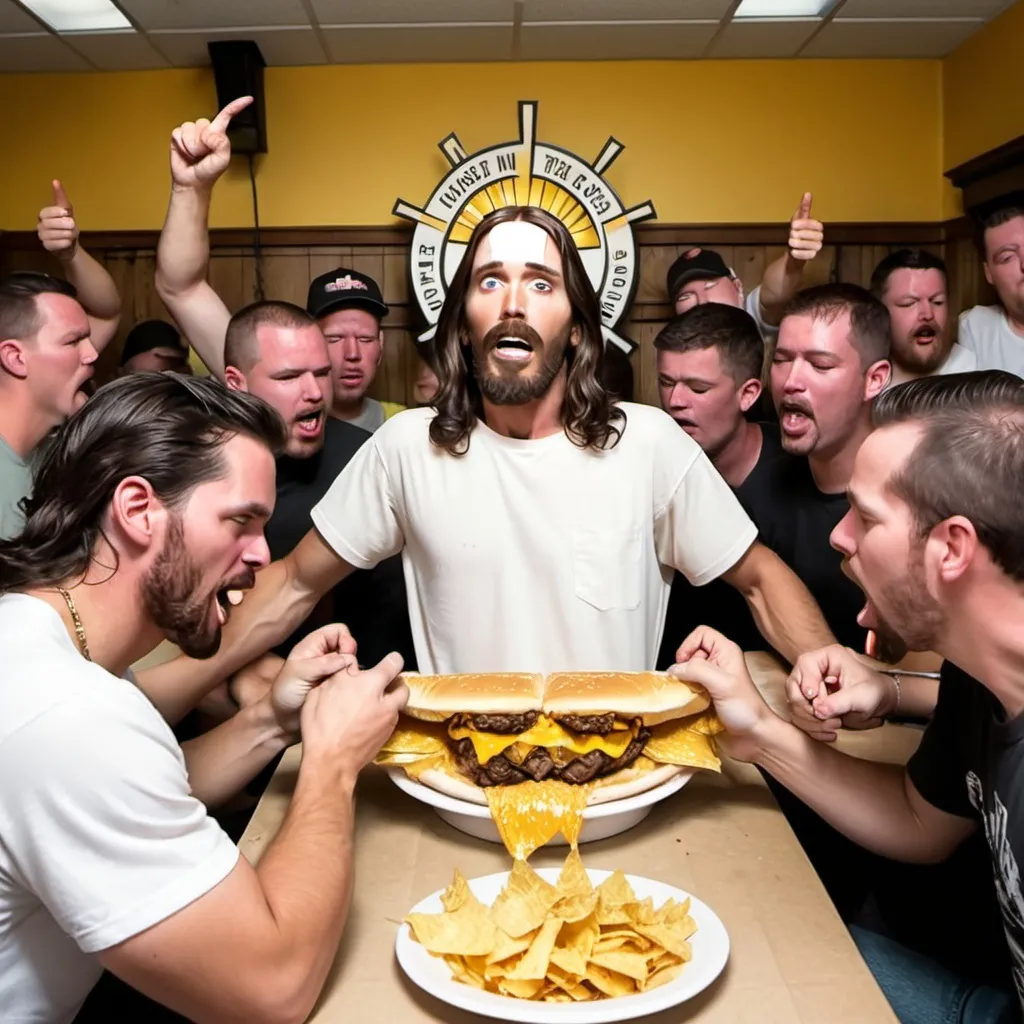 Prompt: Jesus in a wing-eating contest