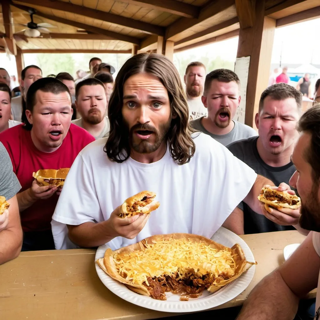 Prompt: Jesus in a wing-eating contest