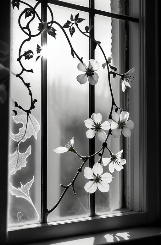 Prompt: black and white flowers on a vine, (intricate details), spreading across a window, beautiful window glare, (soft diffused lighting), daytime ambiance, delicate petals contrasting against glass, serene atmosphere, elegant composition, high quality, (4K), artistic interpretation of nature’s beauty, sunlight streaming through, a touch of elegance and tranquility.