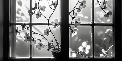 Prompt: black and white flowers on a vine, (intricate details), spreading across a window, beautiful window glare, (soft diffused lighting), daytime ambiance, delicate petals contrasting against glass, serene atmosphere, elegant composition, high quality, (4K), artistic interpretation of nature’s beauty, sunlight streaming through, a touch of elegance and tranquility.