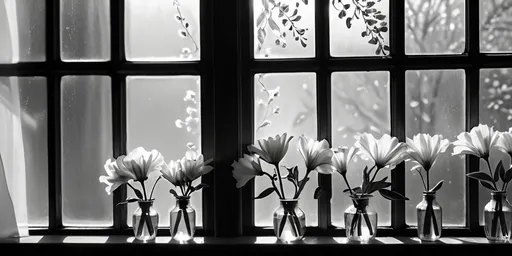 Prompt: black and white flowers, (intricate details), spreading across a window, beautiful window glare, (soft diffused lighting), daytime ambiance, delicate petals contrasting against glass, serene atmosphere, elegant composition, high quality, (4K), artistic interpretation of nature’s beauty, sunlight streaming through, a touch of elegance and tranquility.