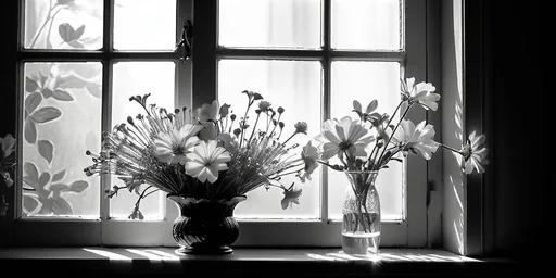 Prompt: black and white flowers, (intricate details), spreading across a window, beautiful window glare, (soft diffused lighting), daytime ambiance, delicate petals contrasting against glass, serene atmosphere, elegant composition, high quality, (4K), artistic interpretation of nature’s beauty, sunlight streaming through, a touch of elegance and tranquility.