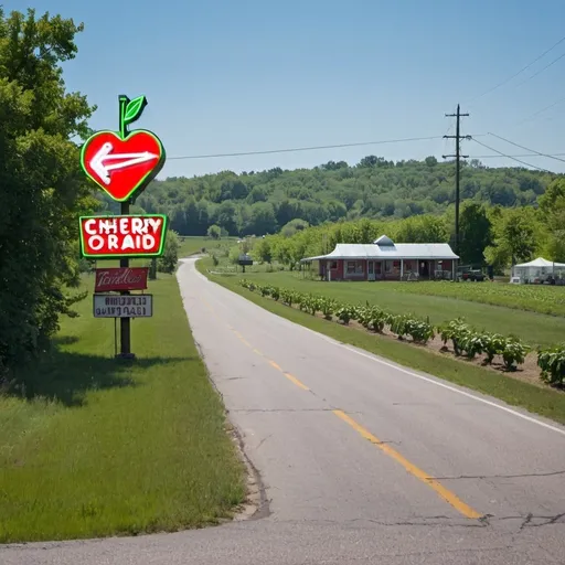 Prompt: Cherry orchard at a distance on old county highway with large diner style neon sign with large arrow pointing down to small roadside vegetable stand 