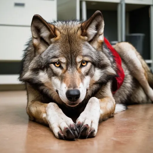 Prompt: A wolf, with black, brow and red fur, laying on the floor in a lab. Happy