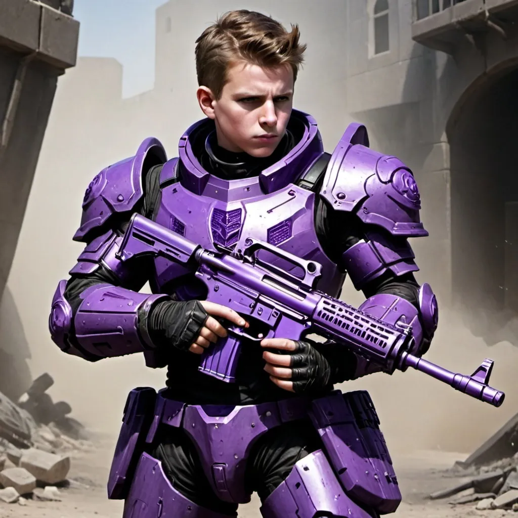 Prompt: A boy has a gun  and schot hi hes a armor schest pleite  puple and gryn