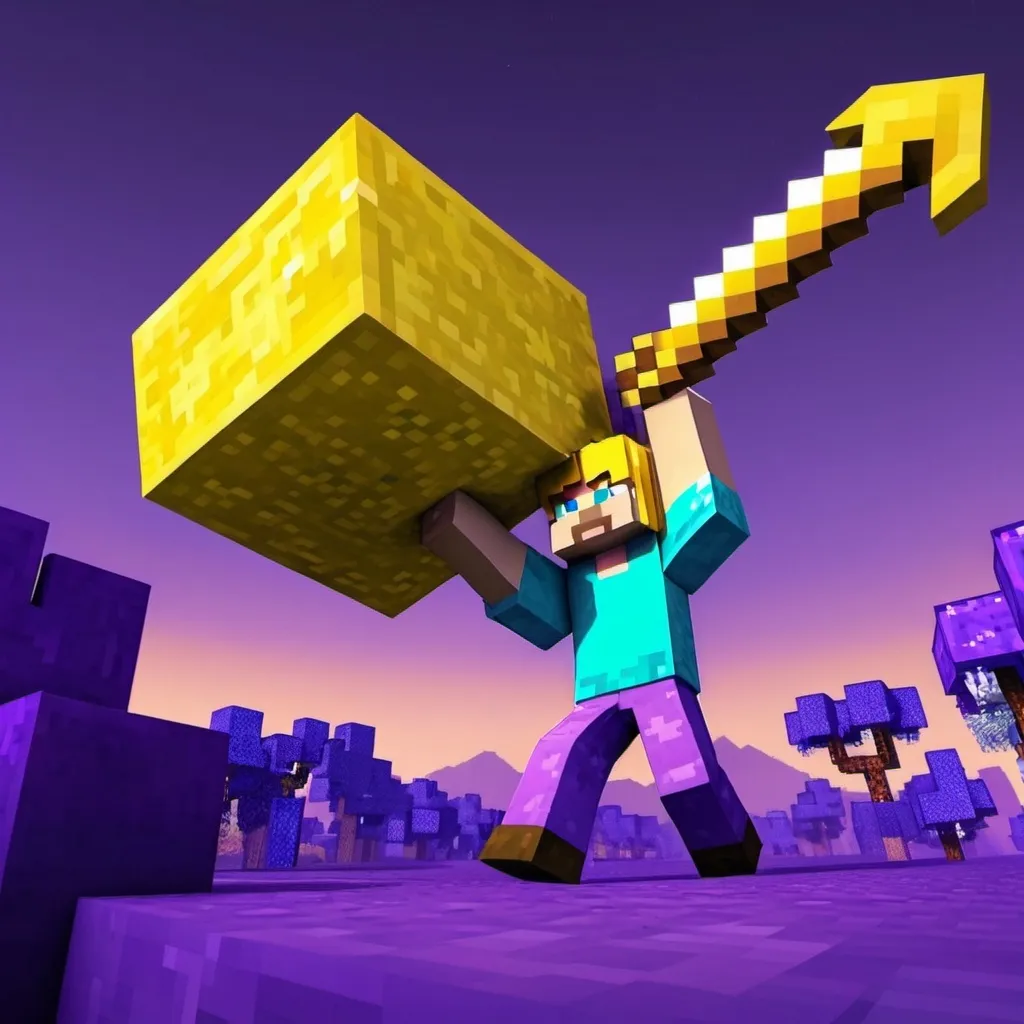 Prompt: a man holding a blue and yellow object in a minecraft game scene with a purple background and a purple sky, Dom Qwek, sots art, purple, concept art and he hes a arme in back grunde of demons  blond harr bluoe eys