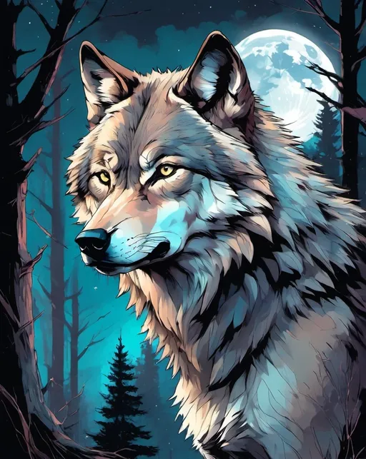 Prompt: Wolf in moonlit woods, digital painting, glowing background, detailed fur with moonlit highlights, intense gaze, night setting, high quality, digital painting, moonlit, detailed fur, intense gaze, dark woods, atmospheric lighting