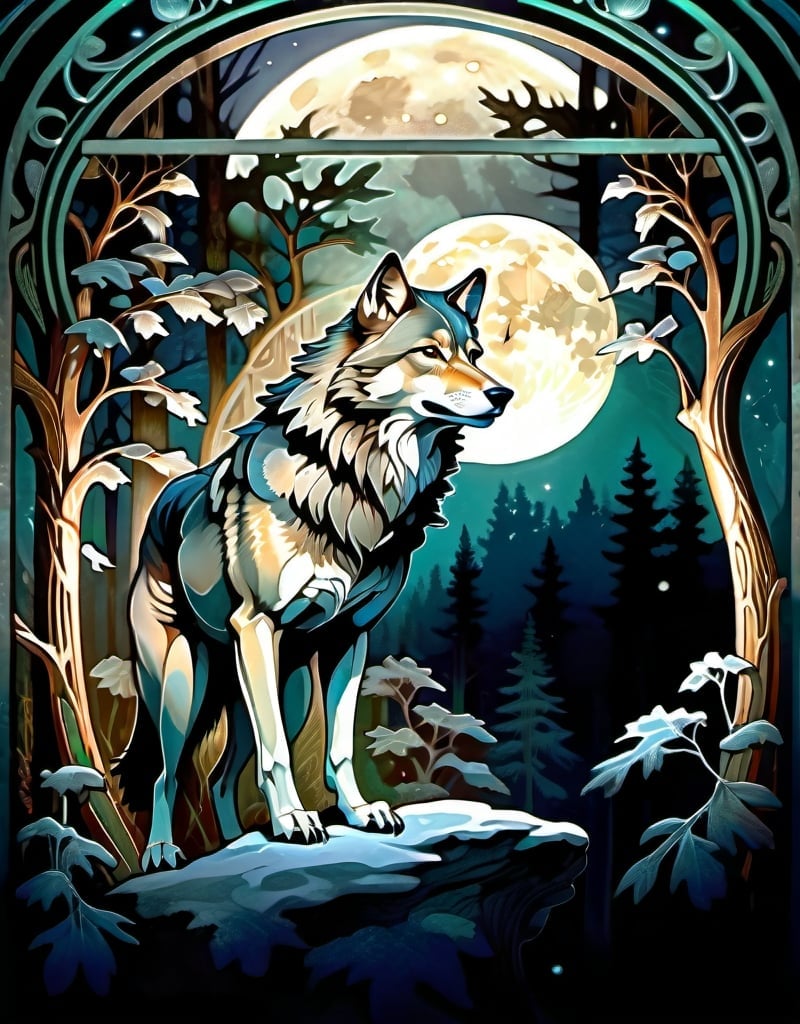 Prompt: Majestic wolf in a moonlit forest, realistic, hyper realistic, detailed fur with moonlit highlights, intense gaze, night setting, glowing background, atmospheric moonlit digital painting, art nouveau, detailed fur, intense gaze, moonlit forest, majestic, professional