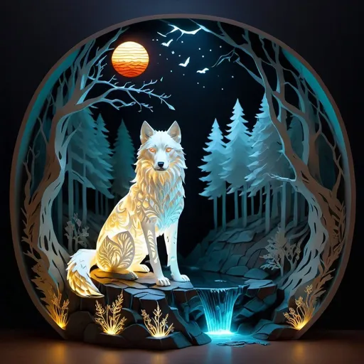 Prompt: Insanely beautiful (canine quadruped) that is glowing, thick brilliant pearl-white mane, on two legs, translucent, luminescent, illusion, glistening fiery mane, glows like the sun, flaming red eyes, majestic wolf face, energetic fox, in a magical forest near a lake, sunrise, beneath the stars, crystal lake, corona, glowing outline, waterfall, bioluminescent, highres, best quality, concept art, epic digital art, intricately detailed, cinematic, 8k eyes, highly detailed eyes, highly detailed, 64k, vibrant, UHD, professional, intricately detailed background