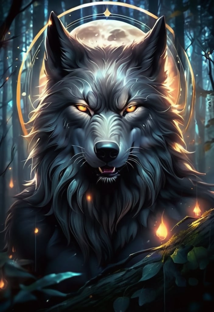 Prompt: Majestic wolf in a moonlit forest, realistic, hyper realistic, detailed fur with moonlit highlights, intense gaze, night setting, glowing background, atmospheric moonlit digital painting, art nouveau, detailed fur, intense gaze, moonlit forest, majestic, professional