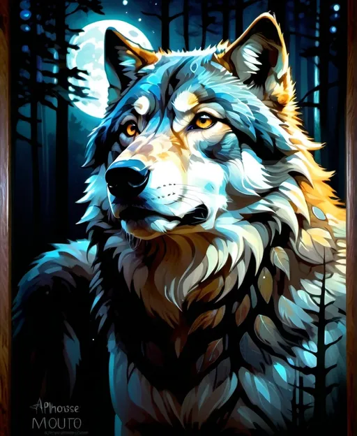 Prompt: Digital painting of a majestic wolf in a moonlit forest, detailed fur with moonlit highlights, intense gaze, night setting, high quality, glowing background, atmospheric moonlit digital painting, detailed fur, intense gaze, dark woods, professional, atmospheric lighting