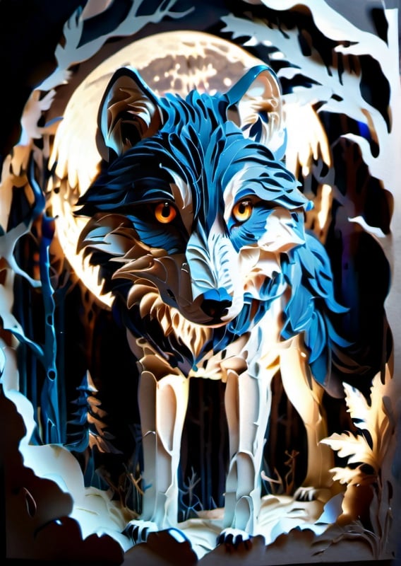 Prompt: Majestic wolf in a moonlit forest, realistic, hyper realistic, detailed fur with moonlit highlights, intense gaze, night setting, glowing background, atmospheric moonlit digital painting, art nouveau, detailed fur, intense gaze, moonlit forest, majestic, professional