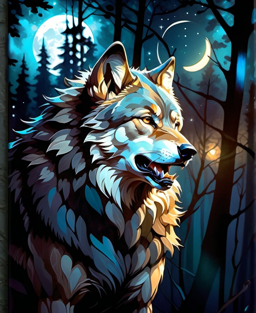 Prompt: Digital painting of a majestic wolf in a moonlit forest, detailed fur with moonlit highlights, intense gaze, night setting, high quality, glowing background, atmospheric moonlit digital painting, detailed fur, intense gaze, dark woods, professional, atmospheric lighting