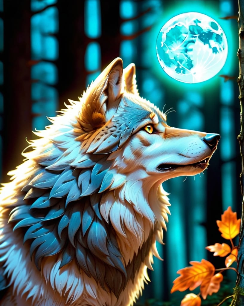 Prompt: Majestic wolf in a moonlit forest, detailed fur with moonlit highlights, intense gaze, night setting, glowing background, atmospheric moonlit digital painting, art nouveau, detailed fur, intense gaze, moonlit forest, majestic, professional, atmospheric lighting, high quality, detailed