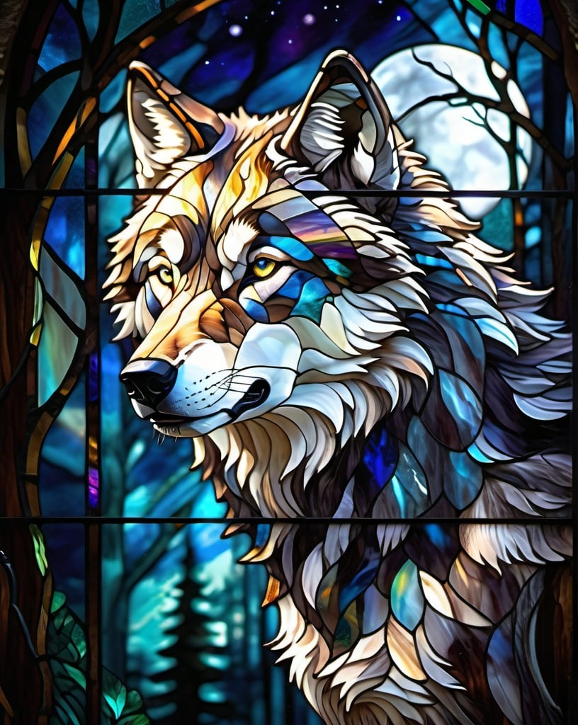 Prompt: Majestic wolf in a moonlit forest, detailed fur with moonlit highlights, intense gaze, night setting, glowing background, atmospheric moonlit digital painting, art nouveau, detailed fur, intense gaze, moonlit forest, majestic, professional, atmospheric lighting, high quality, detailed