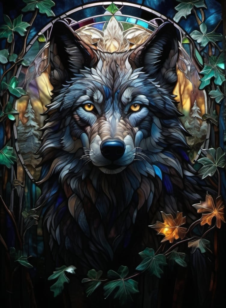 Prompt: Majestic wolf in a moonlit forest, realistic, hyper realistic, detailed fur with moonlit highlights, intense gaze, night setting, glowing background, atmospheric moonlit digital painting, art nouveau, detailed fur, intense gaze, moonlit forest, majestic, professional