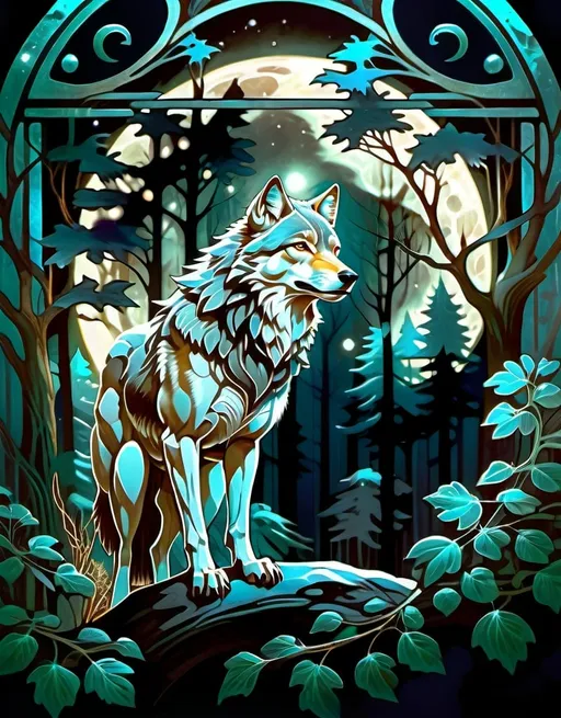 Prompt: Majestic wolf in a moonlit forest, realistic, hyper realistic, detailed fur with moonlit highlights, intense gaze, night setting, glowing background, atmospheric moonlit digital painting, art nouveau, detailed fur, intense gaze, moonlit forest, majestic, professional