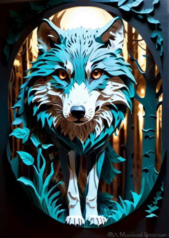 Prompt: Majestic wolf in a moonlit forest, realistic, hyper realistic, detailed fur with moonlit highlights, intense gaze, night setting, glowing background, atmospheric moonlit digital painting, art nouveau, detailed fur, intense gaze, moonlit forest, majestic, professional