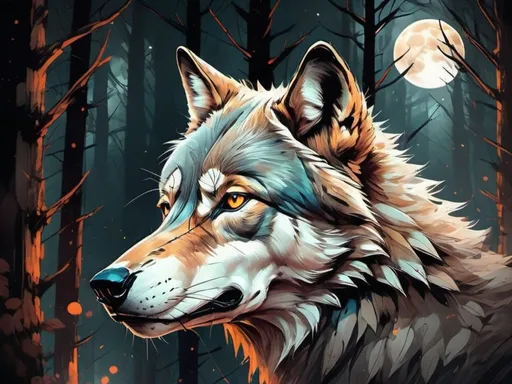 Prompt: Wolf in moonlit woods, digital painting, glowing background, detailed fur with moonlit highlights, intense gaze, night setting, high quality, digital painting, moonlit, detailed fur, intense gaze, dark woods, atmospheric lighting