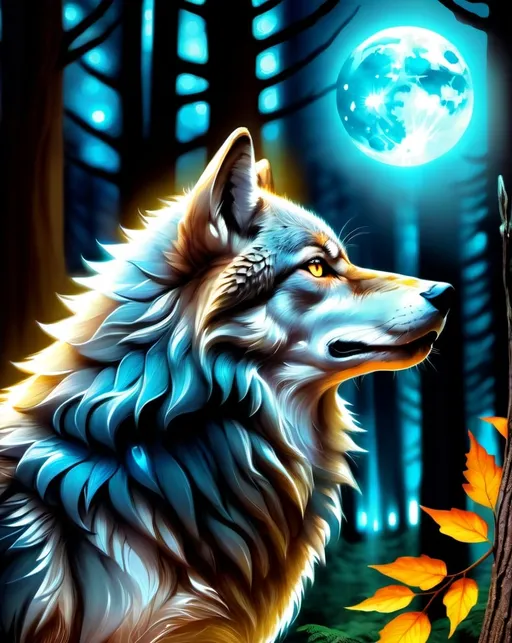 Prompt: Majestic wolf in a moonlit forest, detailed fur with moonlit highlights, intense gaze, night setting, glowing background, atmospheric moonlit digital painting, art nouveau, detailed fur, intense gaze, moonlit forest, majestic, professional, atmospheric lighting, high quality, detailed
