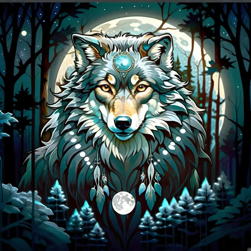 Prompt: Majestic wolf in a moonlit forest, realistic, hyper realistic, detailed fur with moonlit highlights, intense gaze, night setting, glowing background, atmospheric moonlit digital painting, art nouveau, detailed fur, intense gaze, moonlit forest, majestic, professional