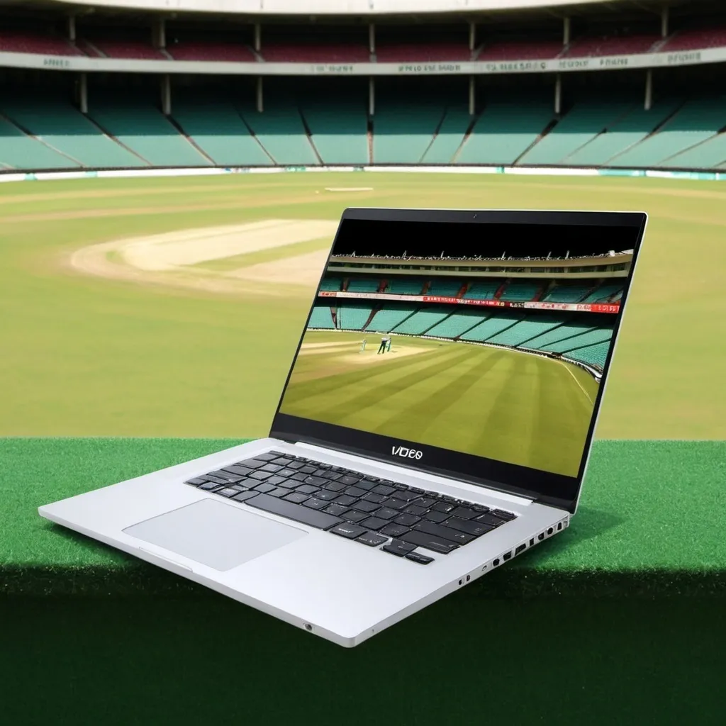 Prompt: Make a laptop with cricket ground background so I can fit my video in that laptop