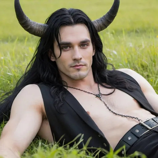 Prompt: A pretty, ethereal man with long black hair and black horns lays down in the grass.  his eyes are yellow, and he is smirking