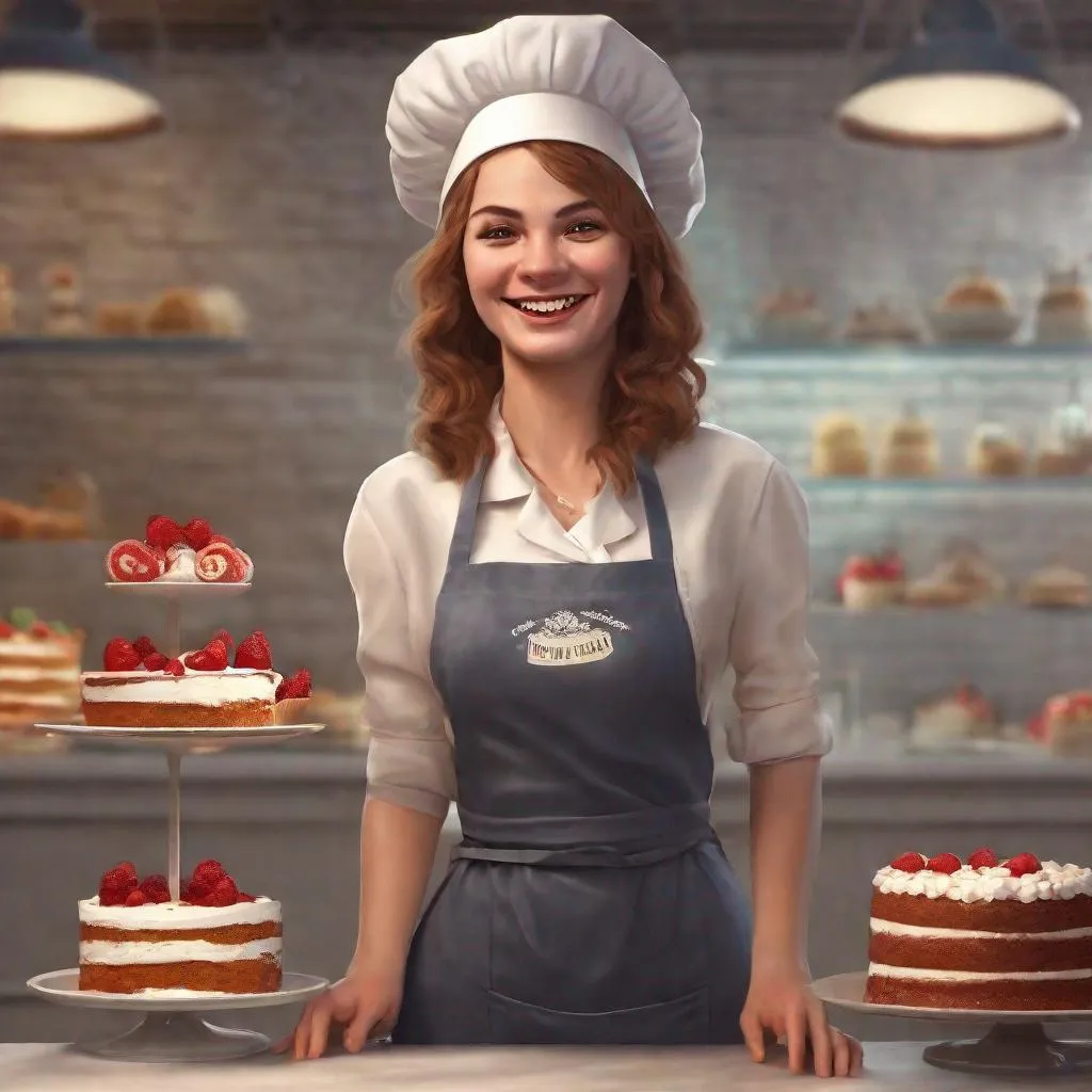 Prompt: a smiling woman, apron, cook hat, cake bar, realism, cinematic