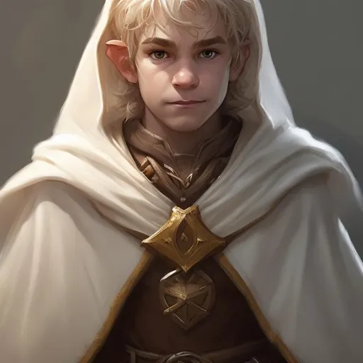 Prompt: portrait of a young halfling male cleric, in full growth, white robe with hood, light blond hair, wry smirk, brown, gold and white cloak, necklace, highly detailed, digital painting, artstation, concept art, smooth, sharp focus, illustration