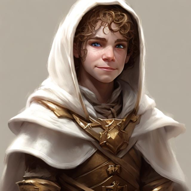 Prompt: young halfling male cleric in full growth, white robe with hood, light blond hair, wry smirk, brown, gold and white cloak, necklace, highly detailed, digital painting, artstation, concept art, smooth, sharp focus, illustration