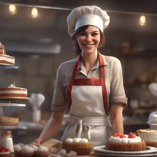 Prompt: a smiling woman, apron, cook hat, cake bar, artstation, realism, cinematic