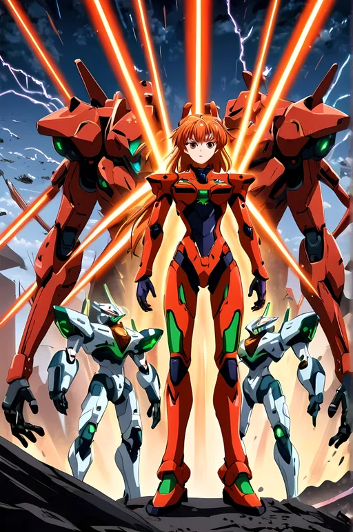 Prompt: An epic, anime-style illustration inspired by classic mecha movie posters, centered entirely around Asuka Langley from Neon Genesis Evangelion. In the heart of the composition are three versions of Asuka from different timelines, representing her evolution—young and fiery in her classic red plugsuit, a more mature version with an intense gaze, and the battle-hardened Asuka with an eyepatch, each standing heroically atop a massive Eva unit. Towering in the background is either a divine, glowing version of Asuka with flowing hair and ethereal presence, or a radiant, godlike Evangelion Unit-02 surrounded by light, symbolizing her transcendence.

The chaotic battlefield around them bursts with action: multiple versions of Evangelion Unit-02 and its variants clash with monstrous foes mid-air and on the ground. Laser beams, explosions, energy trails, and high-speed motion lines fill the scene, amplifying the sense of movement and scale. The sky is split—half glowing with golden light, half consumed by shadow and lightning—representing her internal and external struggles. The overall style is vivid, cinematic, and richly detailed, evoking the emotion, scale, and power of Asuka’s journey across timelines. 