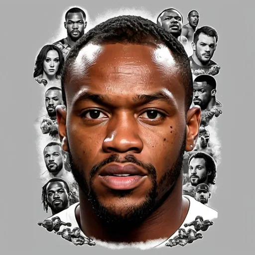 Prompt: make me a design for graphic t-shirts, the design will have realistic preexisting photos of jon bones jones like a collage graphic desgin poster in a type of way, 