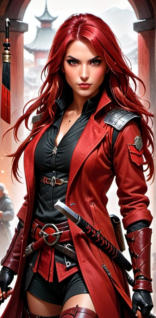 Prompt: human female assassin weilding a katana character with straight blood red hair, red robe coat and brown leather vest, thigh high brown boots. fantasy character art, illustration, dnd, all red colors. slight smile