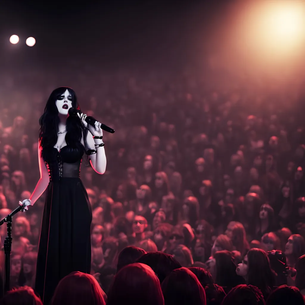 Prompt: Photorealistic art of pretty goth woman. Cute female dark atmosphere singer with microphone. Singing In concert to a crowd of zombies. Dark atmosphere. 