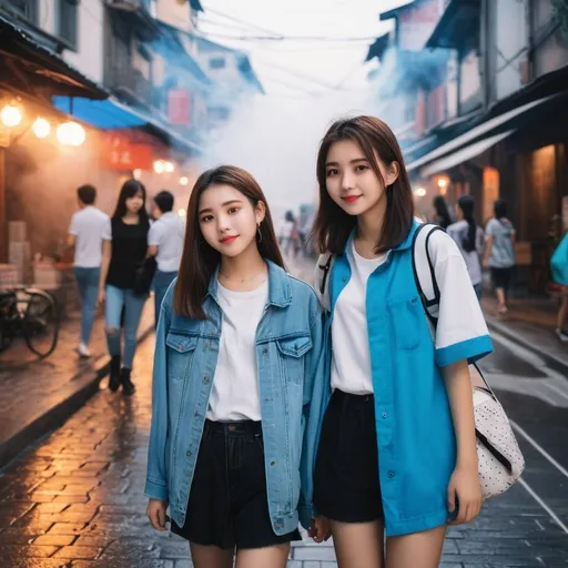 Prompt: A 18 -year-old woman with 14 -year-old little sister enjoying    entering a steamy City 