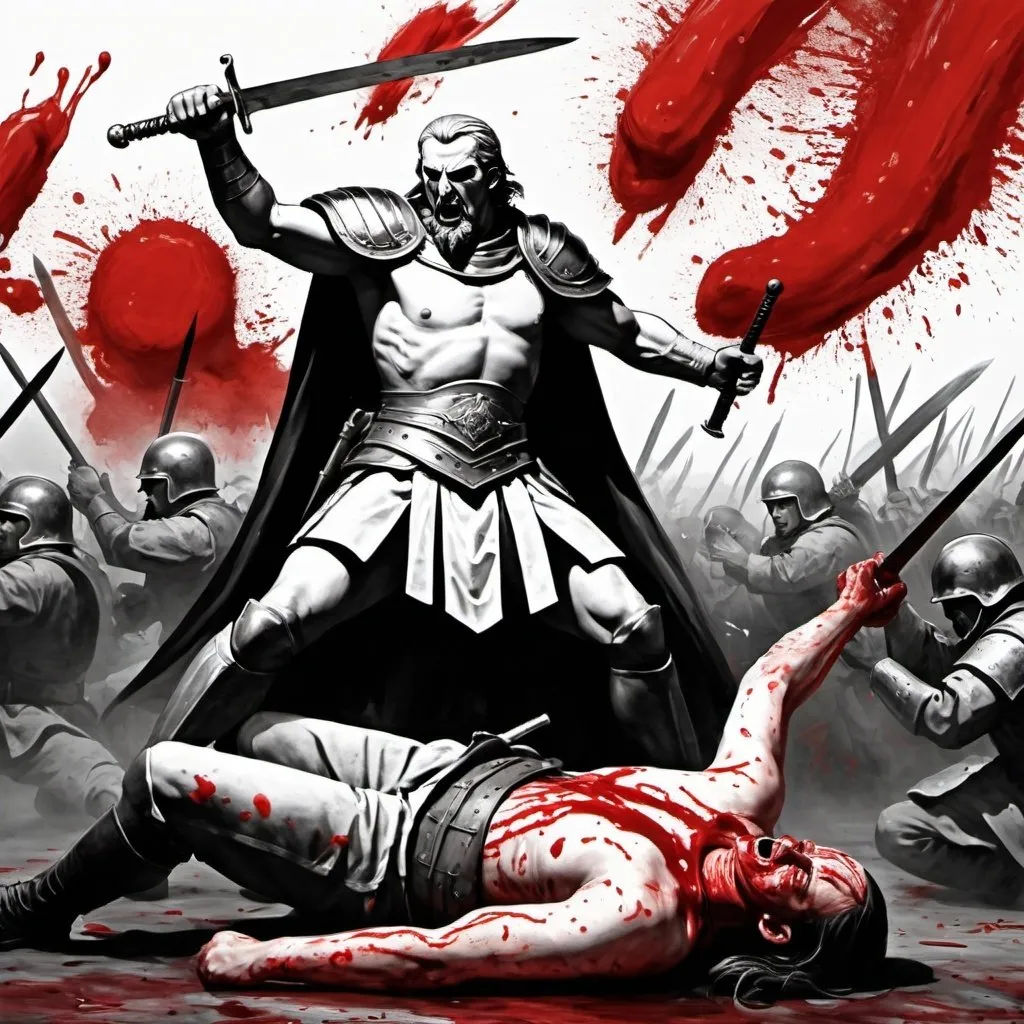 Prompt: generate an art painting of spatans leader slaying an enemy in a battle field with a black and white image but red blood