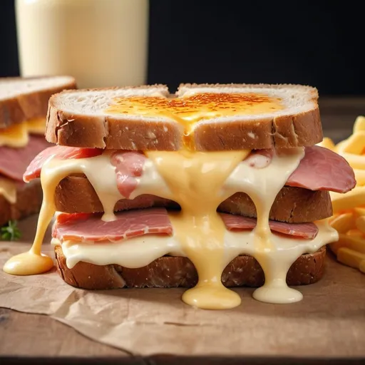 Prompt: Delicious sandwich with melted cheese and mayo, high quality, realistic, close-up view, warm lighting, detailed textures, savory luncheon meat, gooey melted cheese, creamy mayo, food photography, appetizing, fresh ingredients, close-up shot, delectable, mouth-watering, food art, realistic lighting