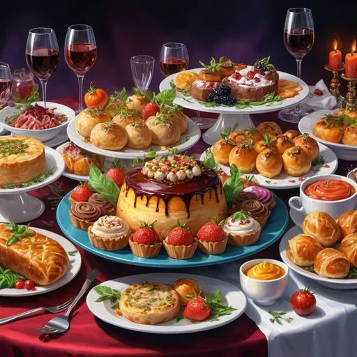 Prompt: Realistic digital painting of a tantalizing gourmet feast, rich and vibrant colors, exquisite food presentation, high quality, ultra-detailed, professional, realistic, food illustration, vibrant colors, appetizing, tantalizing, detailed textures, savory dishes, gourmet cuisine, exquisite plating, luscious desserts, mouthwatering, sumptuous, professional lighting