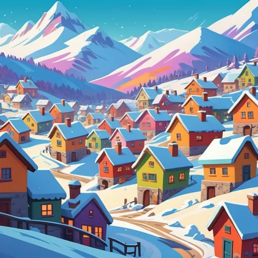 Prompt: Cartoon-style illustration of a village, snowy mountain landscape, energetic snow movement, playful cartoonish snowflakes, exaggerated scale and motion, vibrant and colorful, dynamic composition, high energy, stylized cartoon, humorous interpretation, exaggerated action, comical snow characters, vibrant cartoony color palette, playful and exaggerated style, action-packed scene, best quality, high energy, vibrant colors, cartoon style, playful, exaggerated motion, snowy landscape, dynamic composition, highres, dynamic lighting