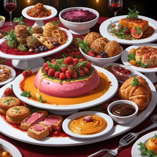 Prompt: Realistic digital painting of a tantalizing gourmet feast, rich and vibrant colors, exquisite food presentation, high quality, ultra-detailed, professional, realistic, food illustration, vibrant colors, appetizing, tantalizing, detailed textures, savory dishes, gourmet cuisine, exquisite plating, luscious desserts, mouthwatering, sumptuous, professional lighting